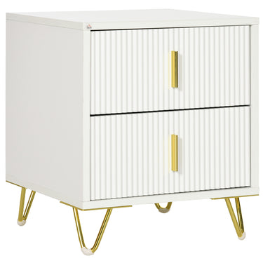 HOMCOM Bedside Table, Modern Nightstand with 2 Drawers, Side End Table with Metal Legs for Living Room, Bedroom, White