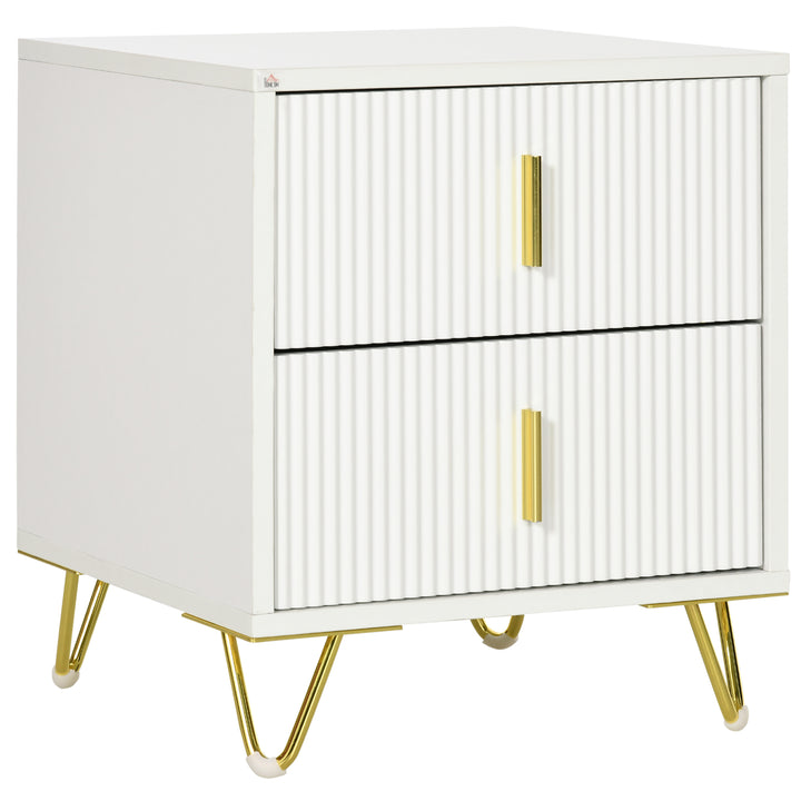 HOMCOM Bedside Table, Modern Nightstand with 2 Drawers, Side End Table with Metal Legs for Living Room, Bedroom, White