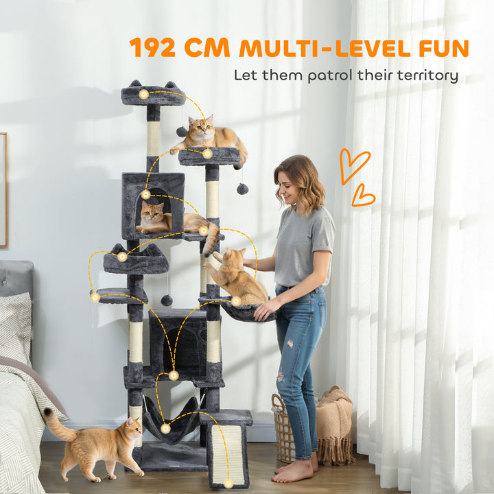 PawHut 76" Large Cat Tree for Indoor Cats with 8 Scratching Posts, 3 Plush Beds, 2 Hammocks, 2 Large Condos, Ramp, Dark Grey