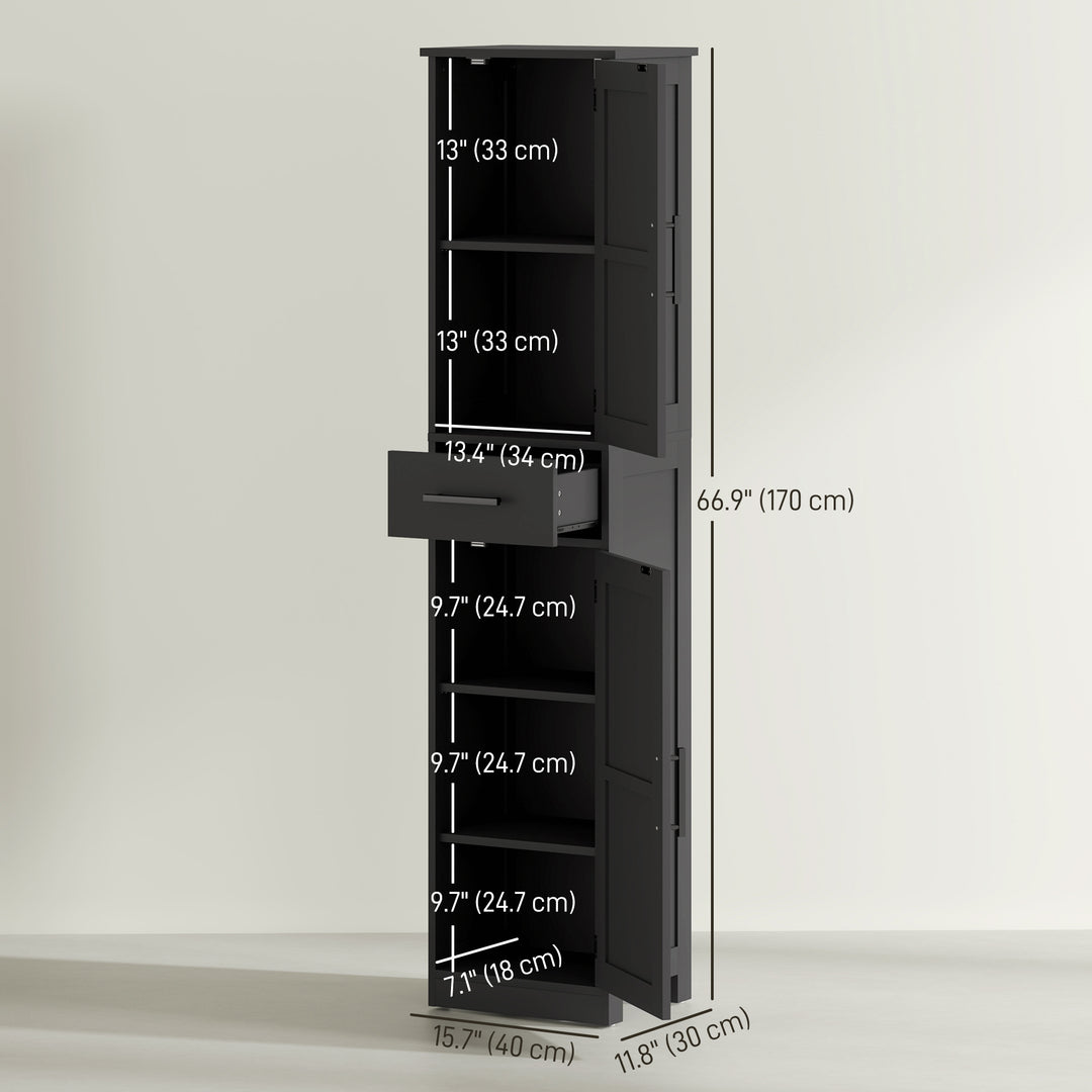 HOMCOM 67" Tall Bathroom Cabinet, Narrow Bathroom Storage Cabinet with Drawer, Barn Doors and Adjustable Shelves, Black