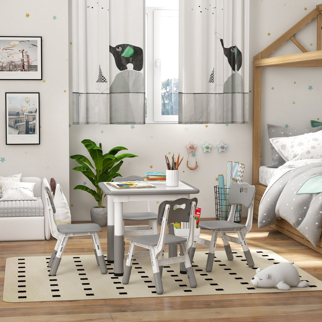 Qaba 5 Pieces Toddler Table and Chair Set, Height Adjustable Activity Table and Chair Set for Nursery Classroom, Grey