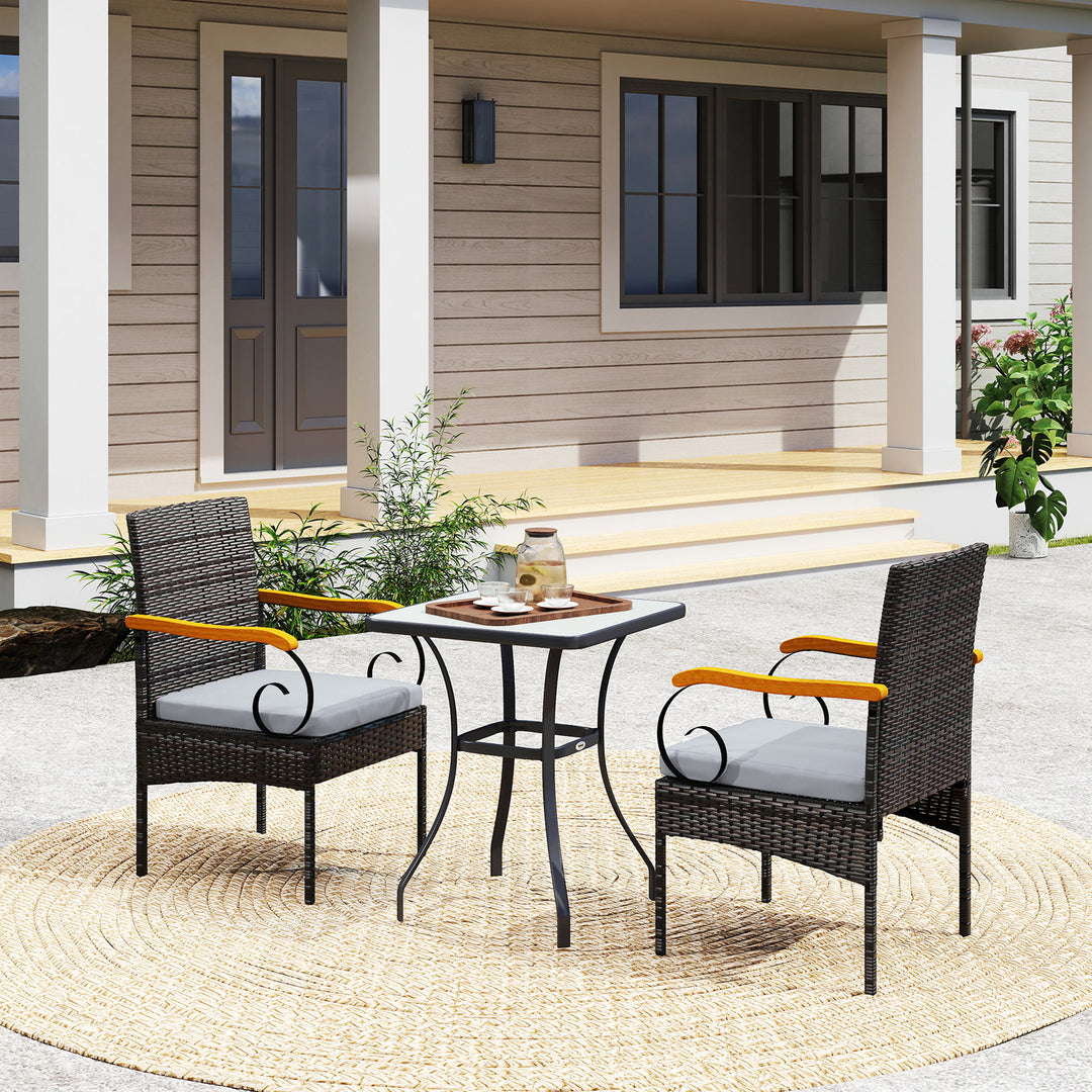 Outsunny Set of 2 Rattan Outdoor Dining Chairs, Wicker Patio Chairs with Removable Cushion, Acacia Wood Armrests, Light Grey