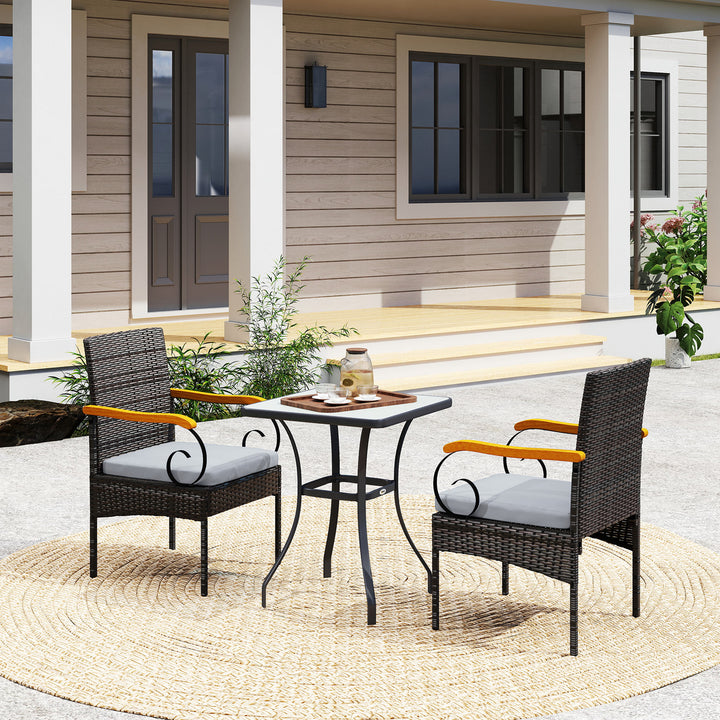Outsunny Set of 2 Rattan Outdoor Dining Chairs, Wicker Patio Chairs with Removable Cushion, Acacia Wood Armrests, Light Grey