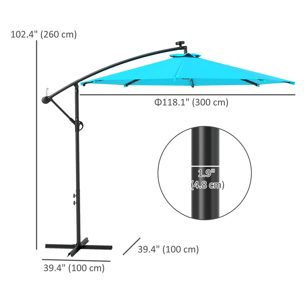 Outsunny 10ft Outdoor Cantilever Umbrella Banana Umbrella with Solar Lights and Adjustable Angle for Patio Backyard Turquoise