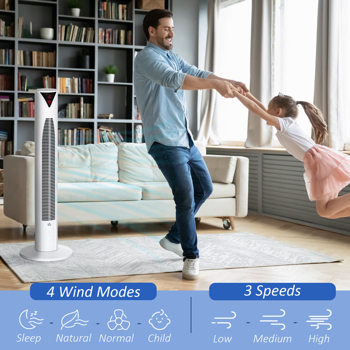 HOMCOM Freestanding Tower Fan Cooling for Home Bedroom with 3 Speed, 12h Timer, Oscillating, LED Sensor Panel, Remote Controller, White