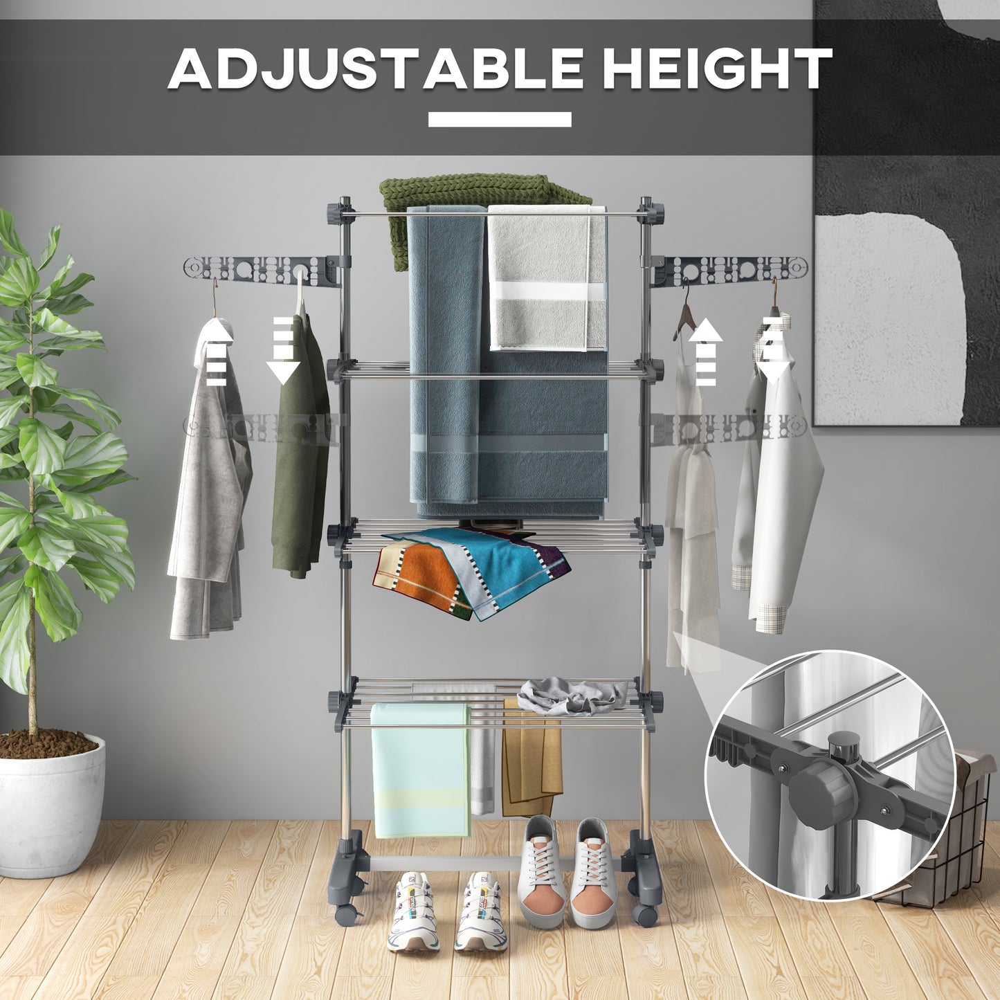 HOMCOM Garment Drying Rack Stainless Steel Folding Clothes Hanging Rack with Side Wings Castors for Indoor Outdoor Grey