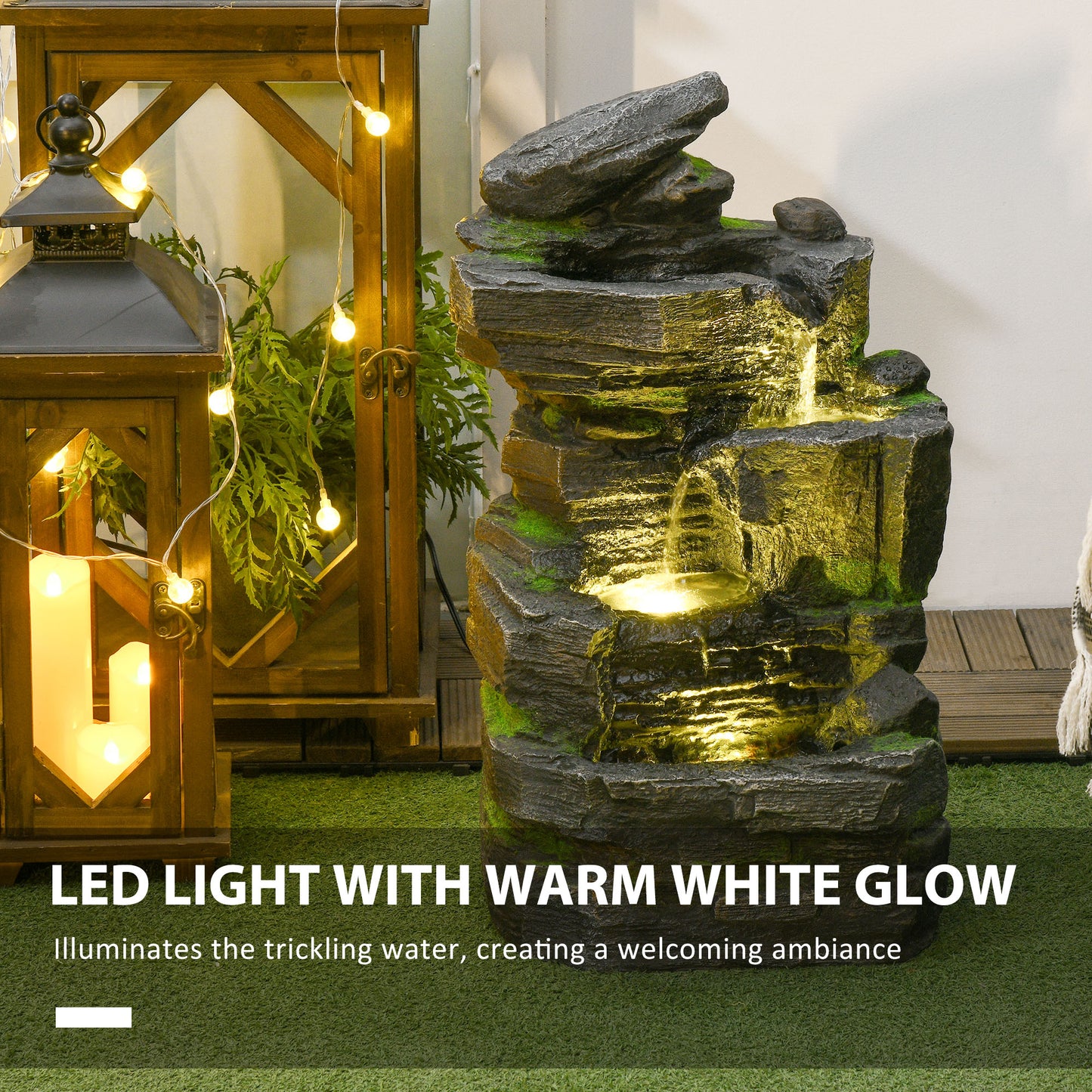 Outsunny 4-Tiered Outdoor Jar and Bowls Water Fountain with LED Lights, Adjustable Flow, 26.4-inch Resin Waterfall Fountain