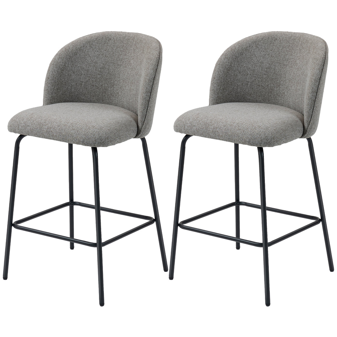 HOMCOM Set of 2 Counter Height Barstools, Upholstered Linen Bar Stools with Backrest, Footrest and Steel Legs, Dark Grey