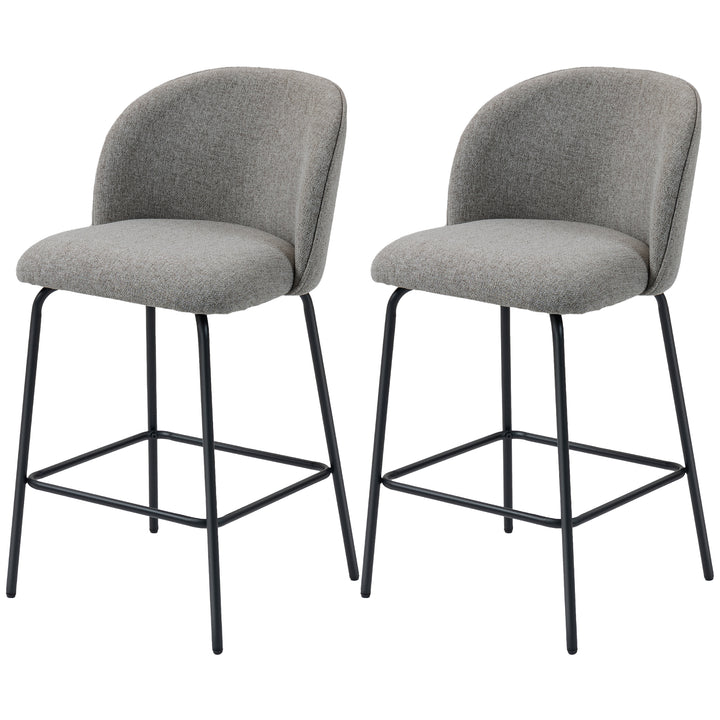 HOMCOM Set of 2 Counter Height Barstools, Upholstered Linen Bar Stools with Backrest, Footrest and Steel Legs, Dark Grey