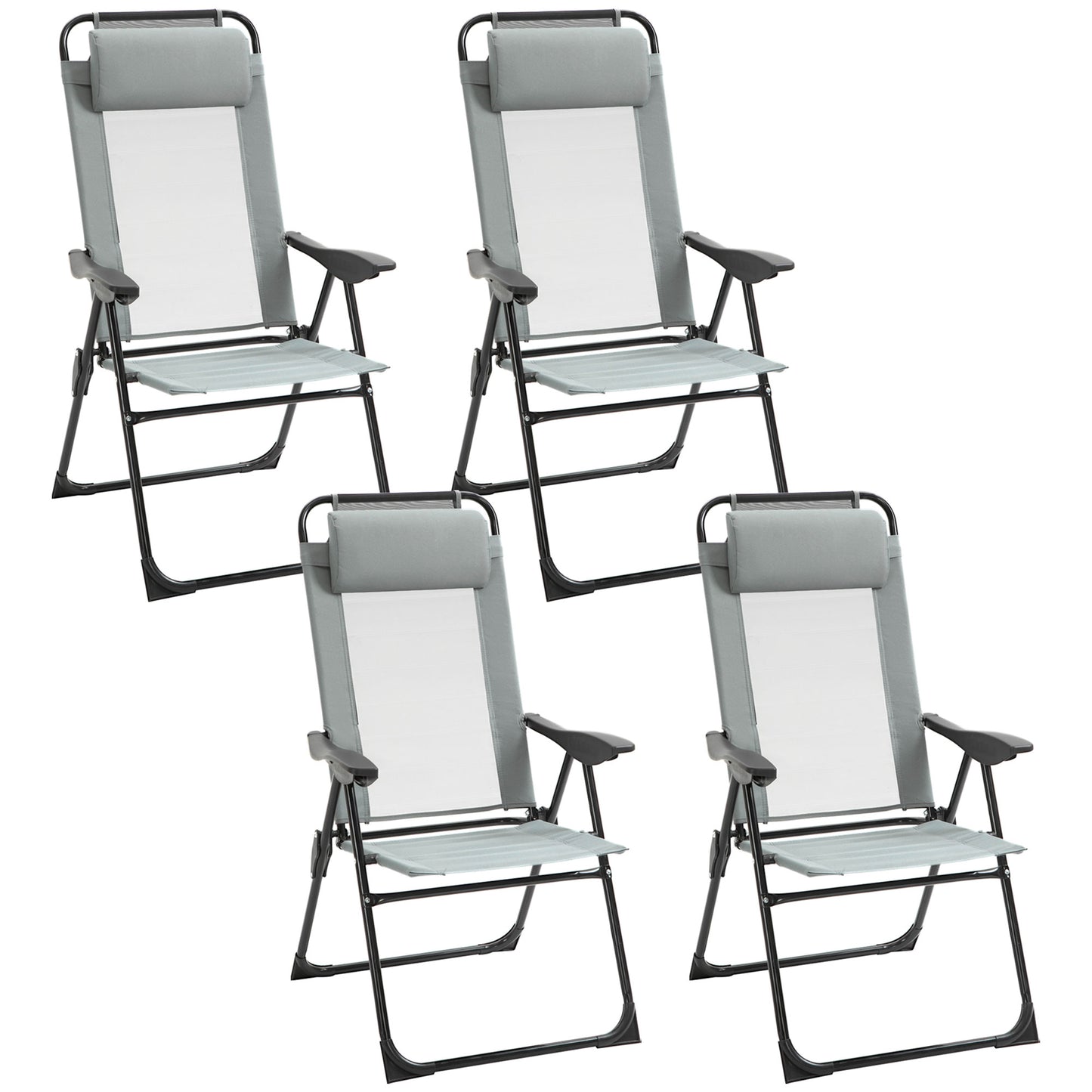 Outsunny Set of 4 Camping Chairs, Outdoor Folding Lounge Chair Set with 5 Level Adjustable Backrest, Removable Headrest, Armrest for Camping, Backyard, Black