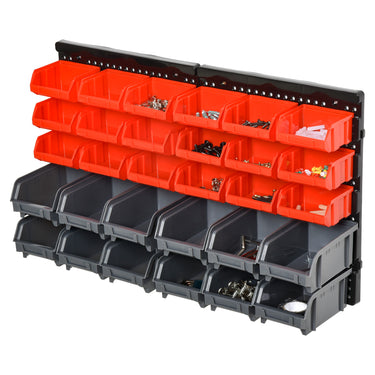 DURHAND Wall Mounted Storage Bin Rack Tool Organizer with 30 Bins, Pegboard for Garage Workshops Red