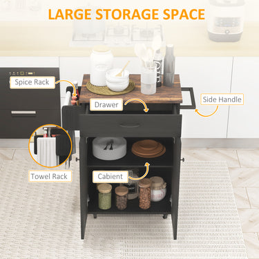 HOMCOM Modern Rolling Kitchen Island Cart with Drawer, Natural Wood Top, Towel Rack, Door Storage Cabinet, Distressed Black
