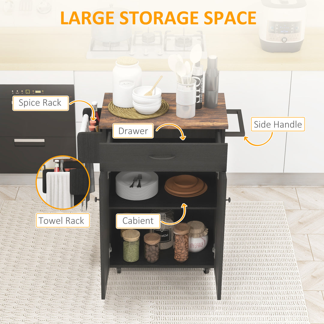 HOMCOM Modern Rolling Kitchen Island Cart with Drawer, Natural Wood Top, Towel Rack, Door Storage Cabinet, Distressed Black