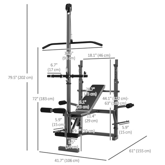 Adjustable Weight Bench with Press Rack, Preacher Curl & Lat Pull Down