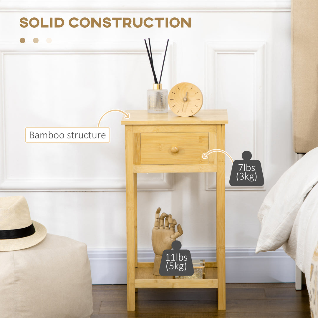 HOMCOM Bamboo Side Table with Drawer and Storage Shelf, Slim End Table Nightstand for Small Spaces, Natural