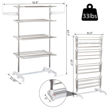 HOMCOM 4 Layers Folding Laundry Rack Stand Dryer Storage Towel Rack Rolling