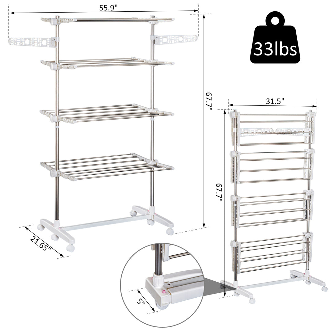 HOMCOM 4 Layers Folding Laundry Rack Stand Dryer Storage Towel Rack Rolling