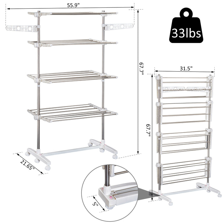 HOMCOM 4 Layers Folding Laundry Rack Stand Dryer Storage Towel Rack Rolling