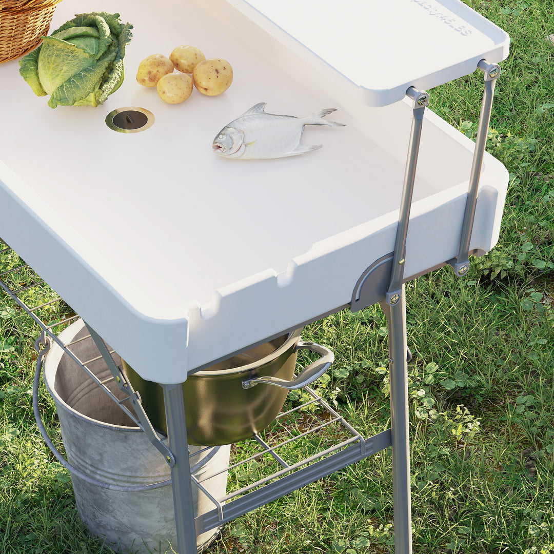 Outsunny 3.5ft Folding Ice Cooler Table with Drain, 2-Tier Outdoor Patio Party Cooler, Fishing Cleaning Table with Storage Shelf for Picnic BBQ Camping Wedding, White