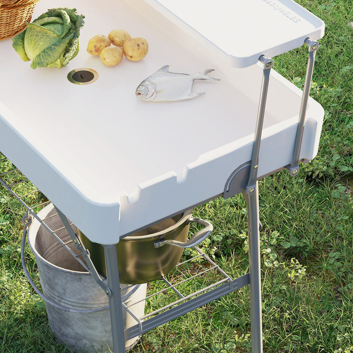 Outsunny 3.5ft Folding Ice Cooler Table with Drain, 2-Tier Outdoor Patio Party Cooler, Fishing Cleaning Table with Storage Shelf for Picnic BBQ Camping Wedding, White
