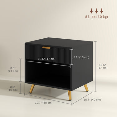 HOMCOM Nightstand with Fluted Panel, Bedside Table with Drawer and Open Compartment, Modern Night Table for Bedroom, Black