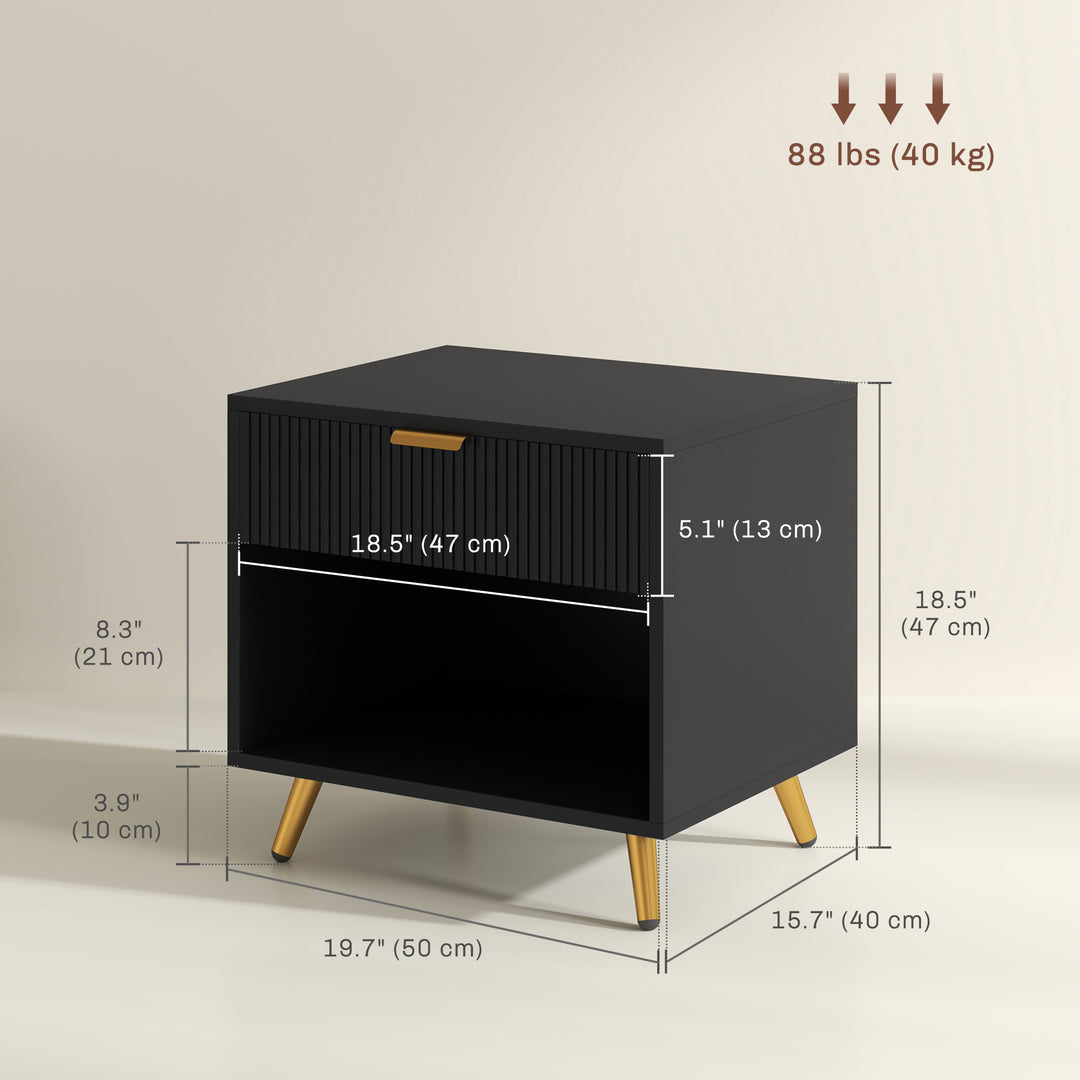 HOMCOM Nightstand with Fluted Panel, Bedside Table with Drawer and Open Compartment, Modern Night Table for Bedroom, Black