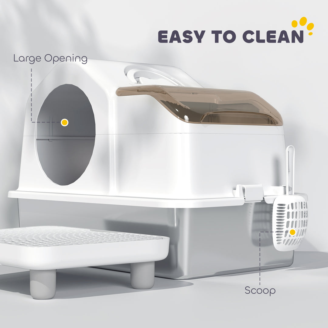 PawHut Extra Large Stainless Steel Cat Litter Box w/ High Sided, Removable Lid, Mats, Scoop, Odor Free, Non-Sticky, Leakproof