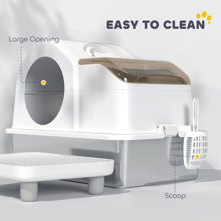 PawHut Extra Large Stainless Steel Cat Litter Box w/ High Sided, Removable Lid, Mats, Scoop, Odor Free, Non-Sticky, Leakproof