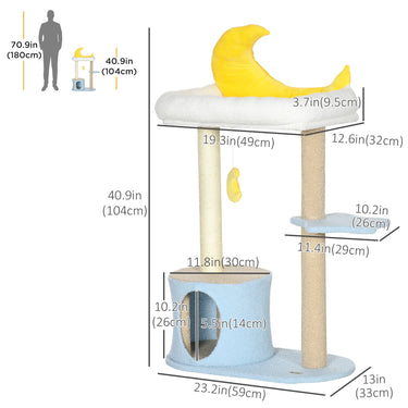 PawHut Moon Cat Tower for Indoor Cats with Teddy Fleece House Bed Scratching Post Hanging Toy Star Platform 41" Blue