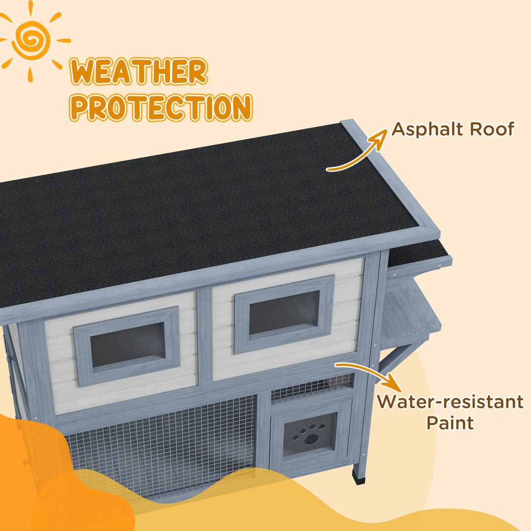 PawHut 2 Tier Outdoor Cat House with Escape Door, Jump platform, for 1-2 Cats, Light Grey