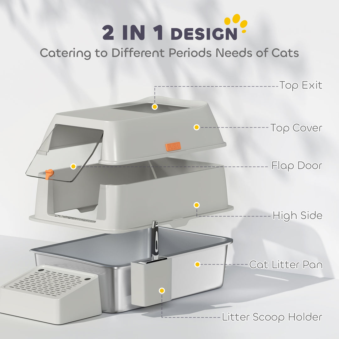 PawHut Stainless Steel Cat Litter Box with Lid, High Sided, Scoop, Easy Clean, Non-Sticky & Anti-Leakage, Light Grey