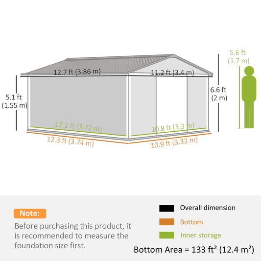 Outsunny 11' x 13'Garden Storage Shed w/ Foundation Kit Metal Tool Storage House w/ Double Doors Yellow