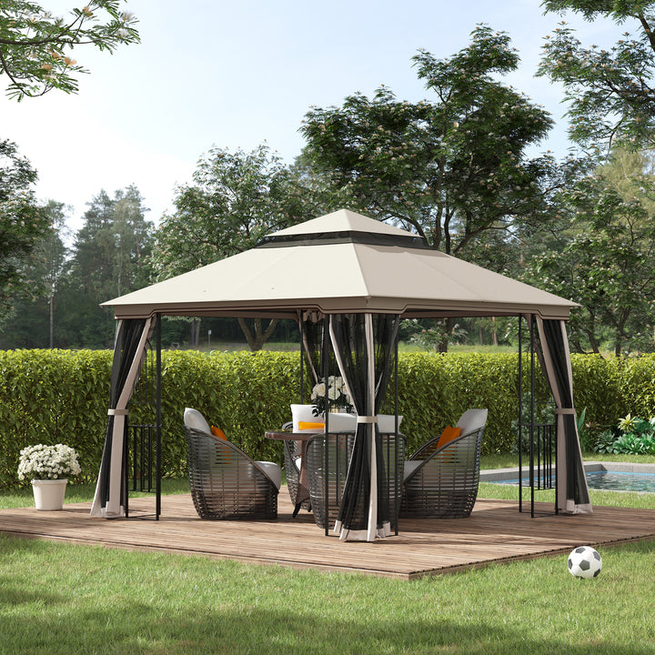 Outsunny 10'x10' Soft-top Patio Gazebo with Double Tier Roof, Mesh Curtains, Display Shelves, Top Hooks, Coffee