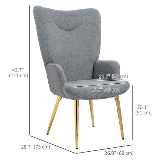 HOMCOM Modern Accent Armchair, Sherpa Boucle Lounge Chair with Metal Legs for Living Room, Bedroom, Grey