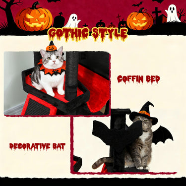 PawHut Gothic Cat Tree, 60" Tall Cat Tower with Coffin Bed,  Sisal Scratching Posts & Ramp, Condo, Hammock, Perches, Black
