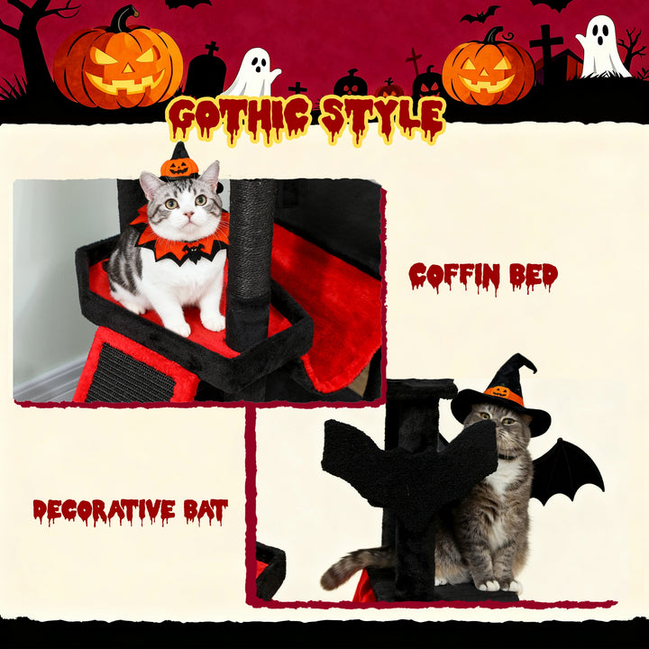 PawHut Gothic Cat Tree, 60" Tall Cat Tower with Coffin Bed,  Sisal Scratching Posts & Ramp, Condo, Hammock, Perches, Black