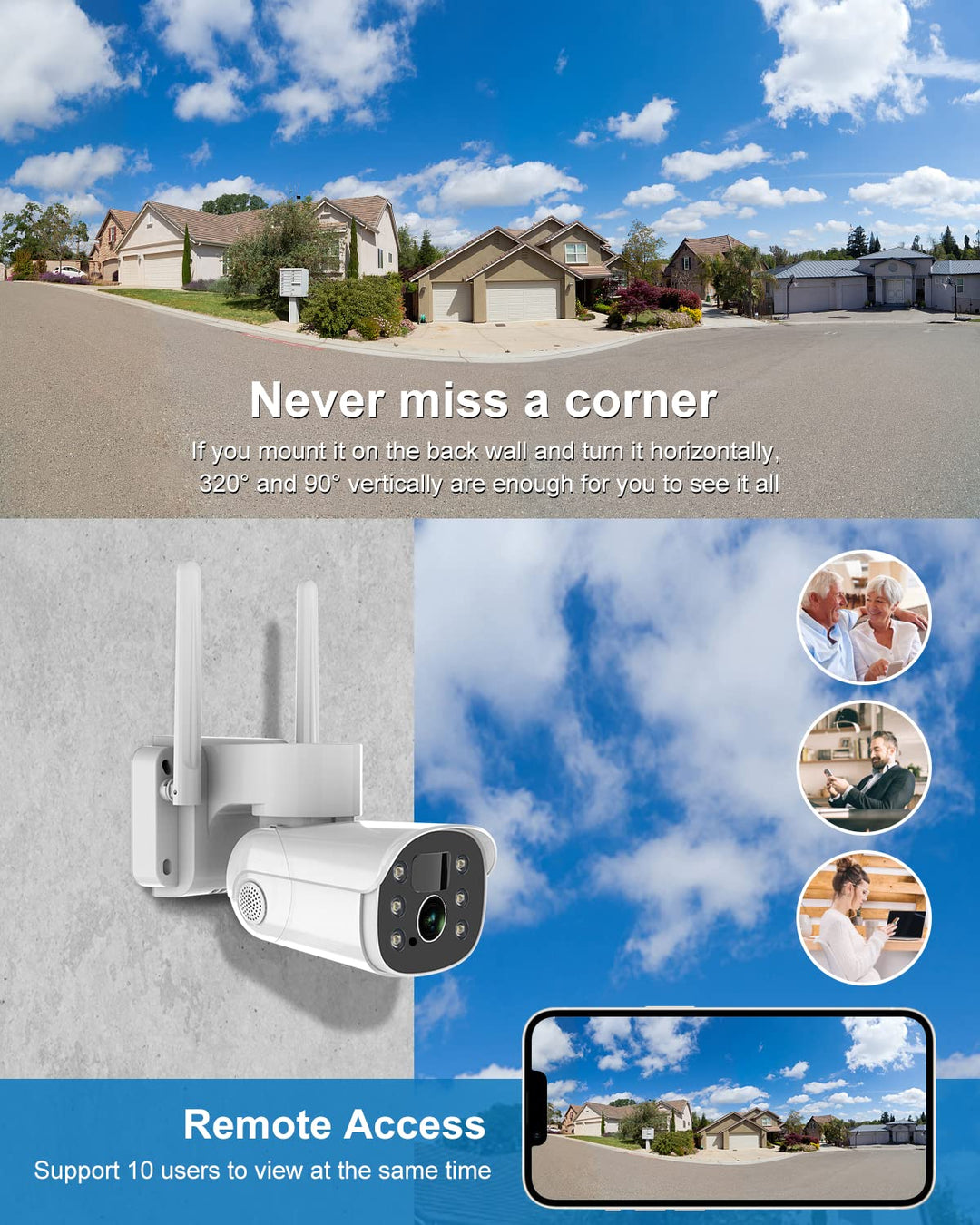 2K Solar Security Camera Wireless Outdoor, 2.4G WiFi & 360˚PTZ Camera, Color Night Vision, Motion Detection, 2-Way Audio, Solar-Powered Battery, Alexa/Google Assistant, SD Card/Cloud Storage