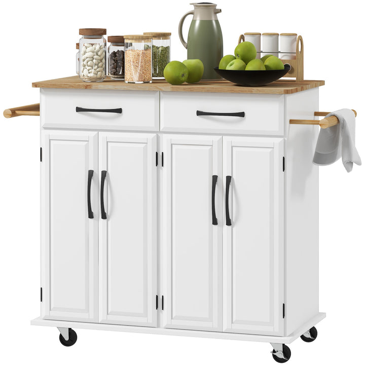 HOMCOM Kitchen Island on Wheels with Rubberwood Top, Rolling Kitchen Cart with 2 Drawers, 4 Doors and Adjustable Shelves