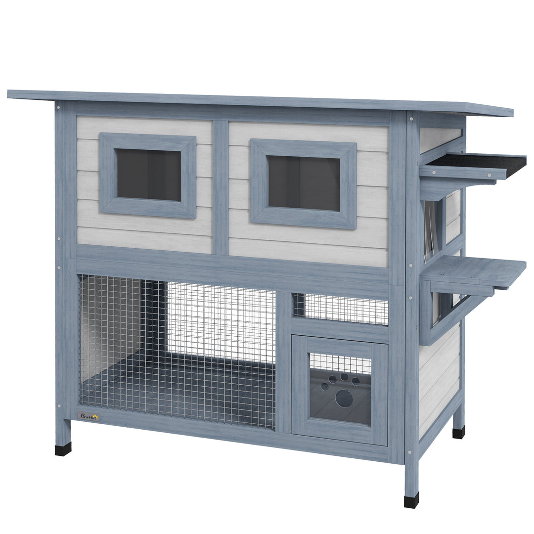 PawHut 2 Tier Outdoor Cat House with Escape Door, Jump platform, for 1-2 Cats, Light Grey