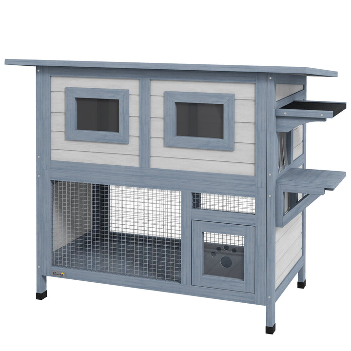 PawHut 2 Tier Outdoor Cat House with Escape Door, Jump platform, for 1-2 Cats, Light Grey