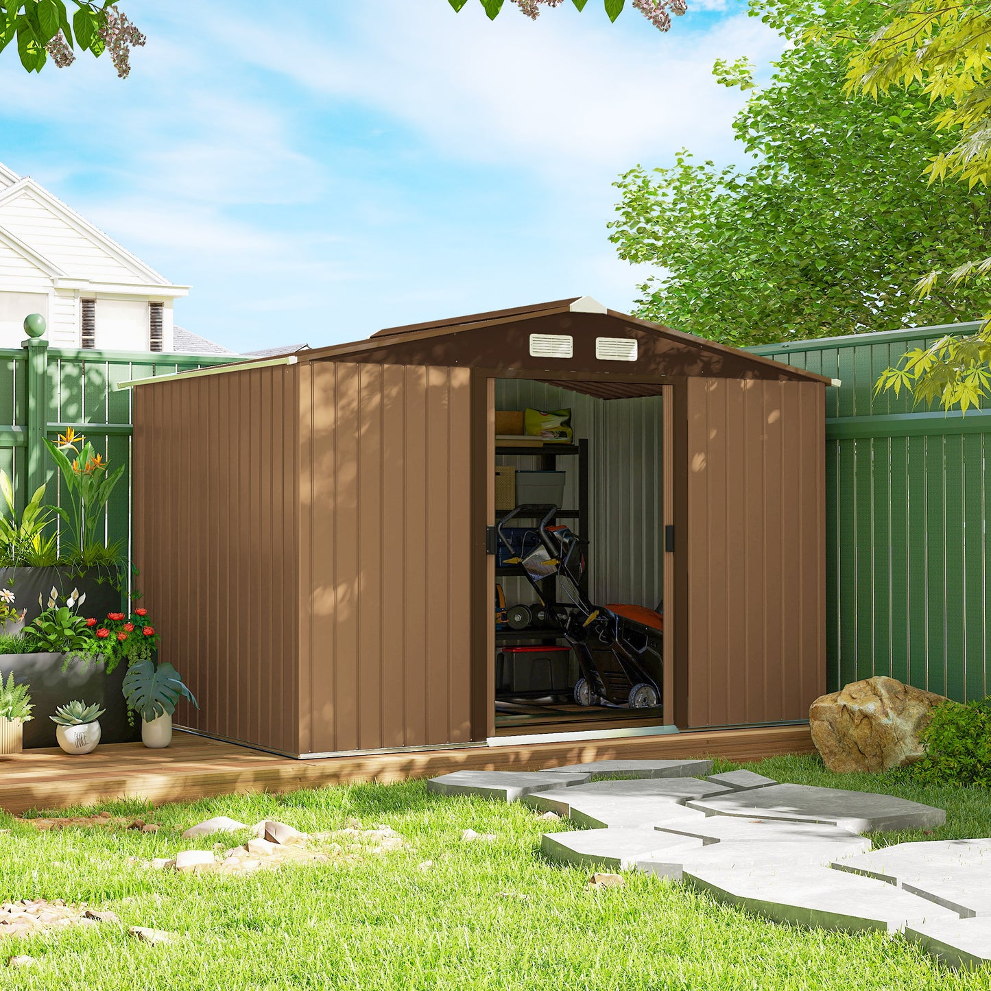 Outsunny 9.1'x6.4'x6.3' Garden Storage Shed w/ Floor Foundation Metal Tool Storage House w/ Double Doors Dark Grey Yellow