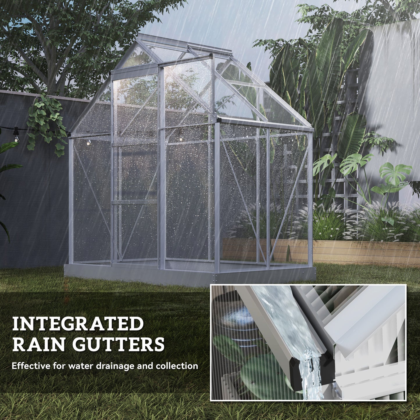 Outsunny 6' x 6' Walk-In Greenhouse, Polycarbonate Greenhouse with Sliding Door, Window, Aluminium Frame, Foundation, Silver