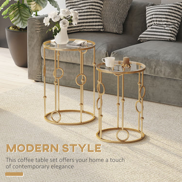 HOMCOM Round Coffee Tables Set of 2, Gold Nesting Side End Tables with Tempered Glass Top, Steel Frame for Living Room
