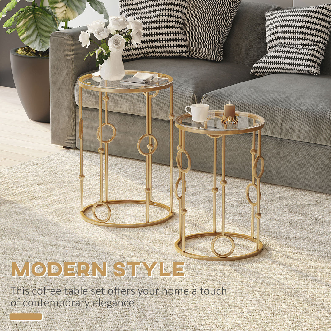 HOMCOM Round Coffee Tables Set of 2, Gold Nesting Side End Tables with Tempered Glass Top, Steel Frame for Living Room