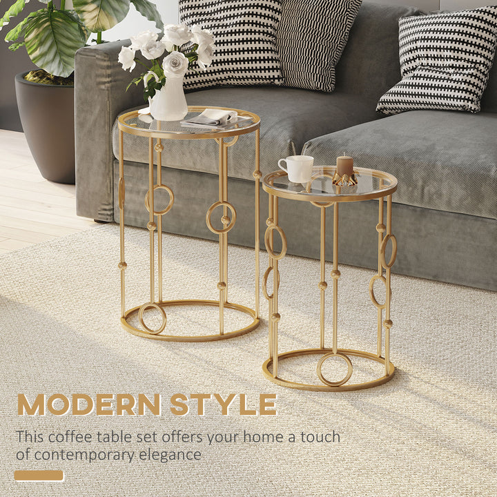 HOMCOM Round Coffee Tables Set of 2, Gold Nesting Side End Tables with Tempered Glass Top, Steel Frame for Living Room
