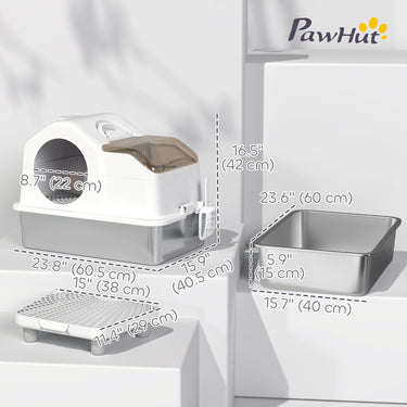 PawHut Extra Large Stainless Steel Cat Litter Box w/ High Sided, Removable Lid, Mats, Scoop, Odor Free, Non-Sticky, Leakproof