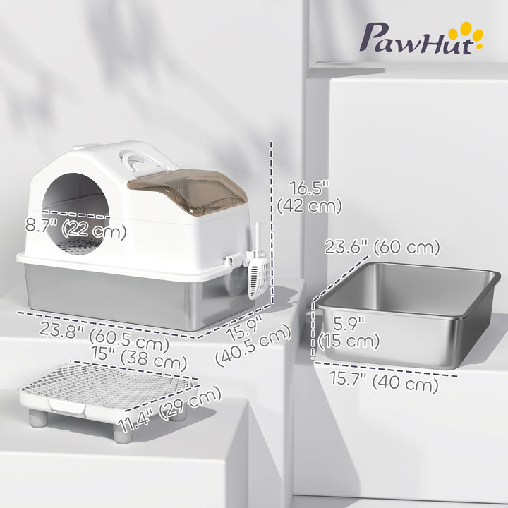PawHut Extra Large Stainless Steel Cat Litter Box w/ High Sided, Removable Lid, Mats, Scoop, Odor Free, Non-Sticky, Leakproof