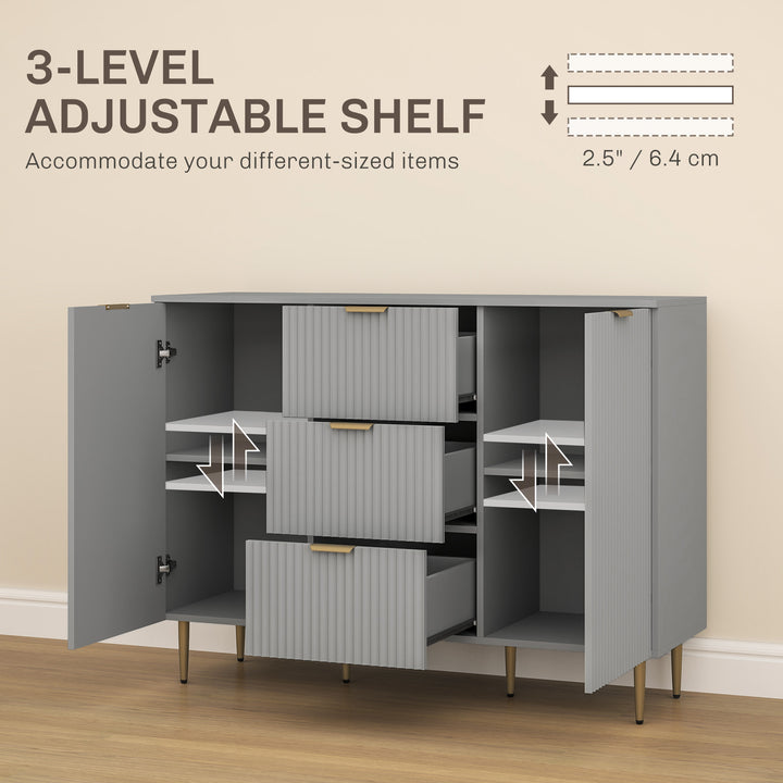 HOMCOM Modern Kitchen Storage Cabinet, Sideboard Buffet Cabinet w/ 3 Drawers and Adjustable Shelves for Kitchen Hallway, Grey