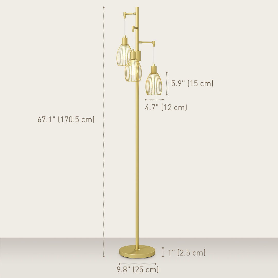 HOMCOM Industrial Floor Lamp with 3 Hanging Wire Lampshades, Dimmable Standing Lamp for Living Room, Bedroom, Dining Room, Study, Black