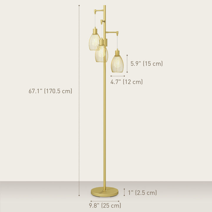 HOMCOM Industrial Floor Lamp with 3 Hanging Wire Lampshades, Dimmable Standing Lamp for Living Room, Bedroom, Dining Room, Study, Black